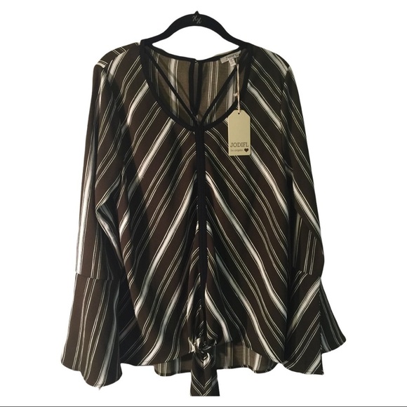 𝅺JODIFL olive/blk/wht stripe bell cuff, U-neck top tie waist size Medium - Picture 1 of 11